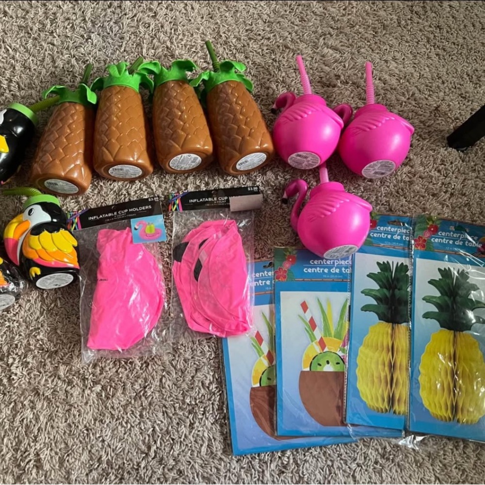 Tropical Party Supplies Set with Pink Flamingo and Pineapple Decorations